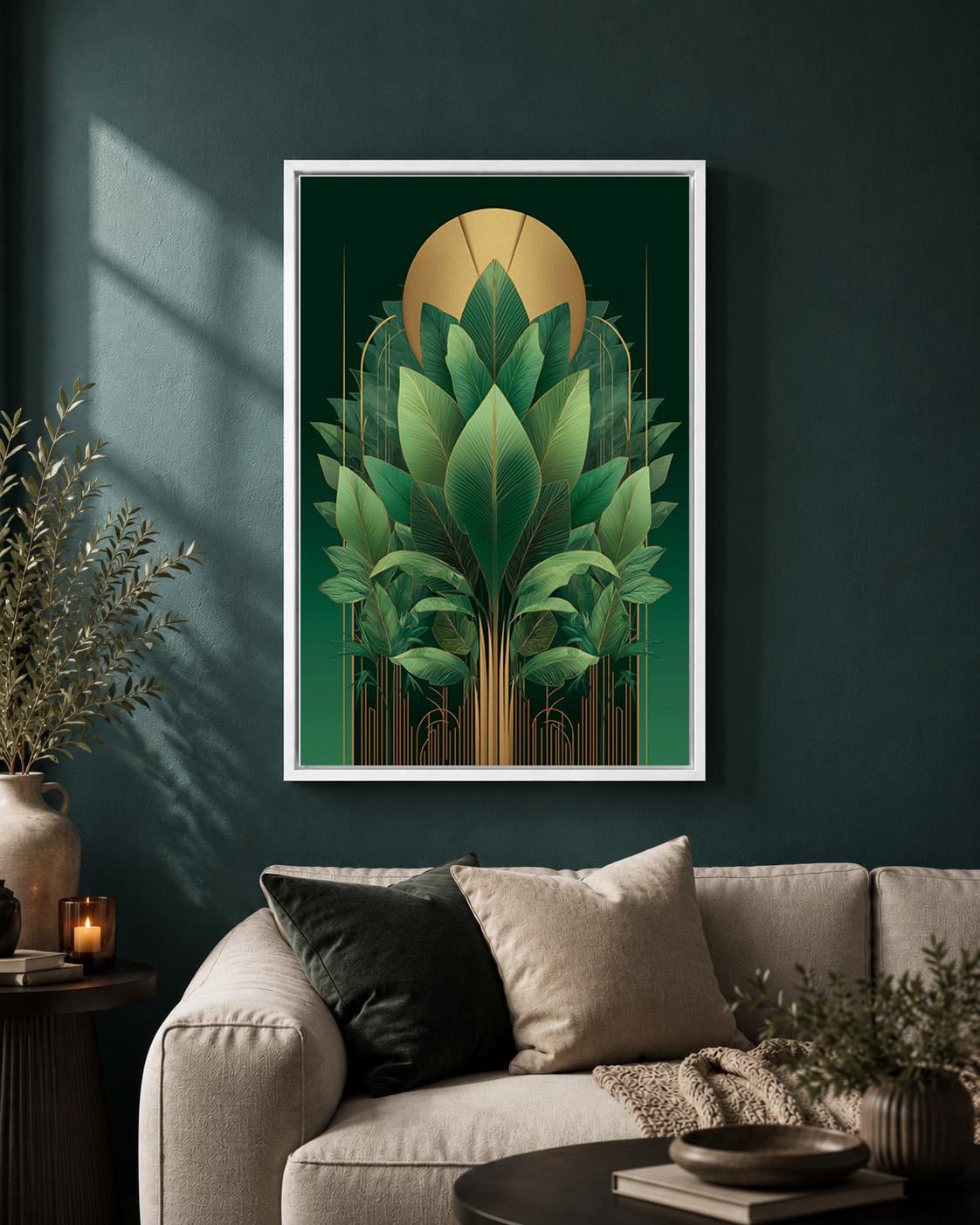 Art Deco Emerald Green Tropical Leaf Framed Canvas Print, Gold Botanical Wall Art by The Wall Art Studio - physical