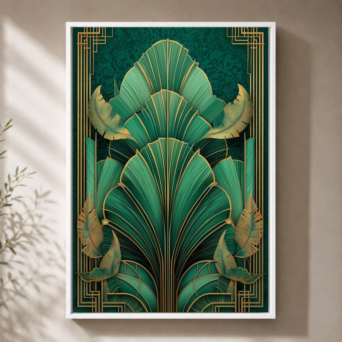 Art Deco Emerald Green Tropical Leaf Framed Canvas Print, Gold Botanical Wall Art by The Wall Art Studio - physical