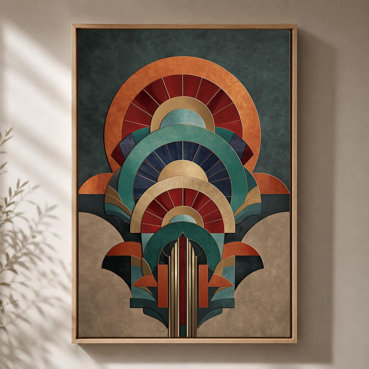 Art Deco Geometric Arch Framed Canvas Print, Teal Orange Retro Abstract Wall Art by The Wall Art Studio - physical