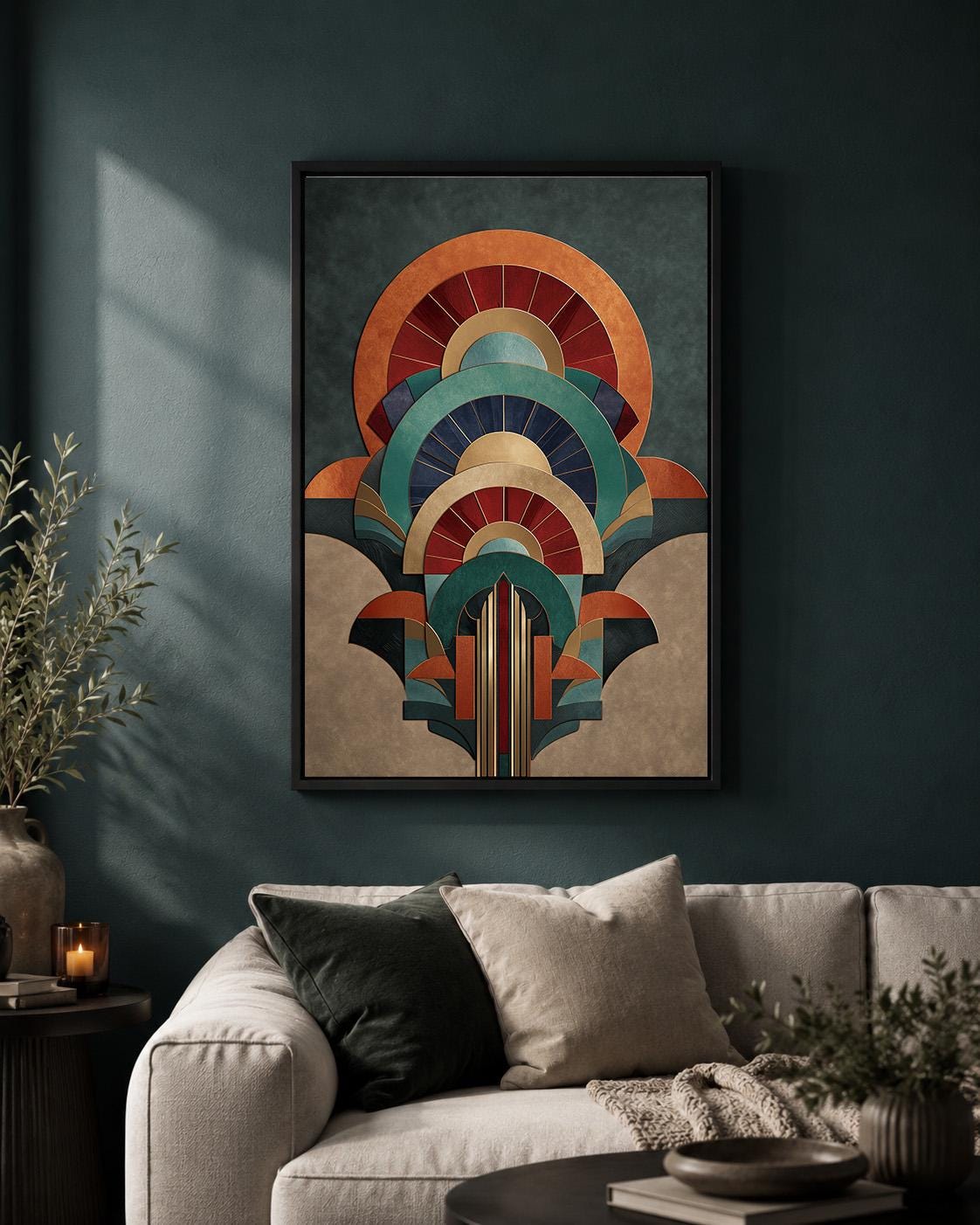 Art Deco Geometric Arch Framed Canvas Print, Teal Orange Retro Abstract Wall Art by The Wall Art Studio - physical