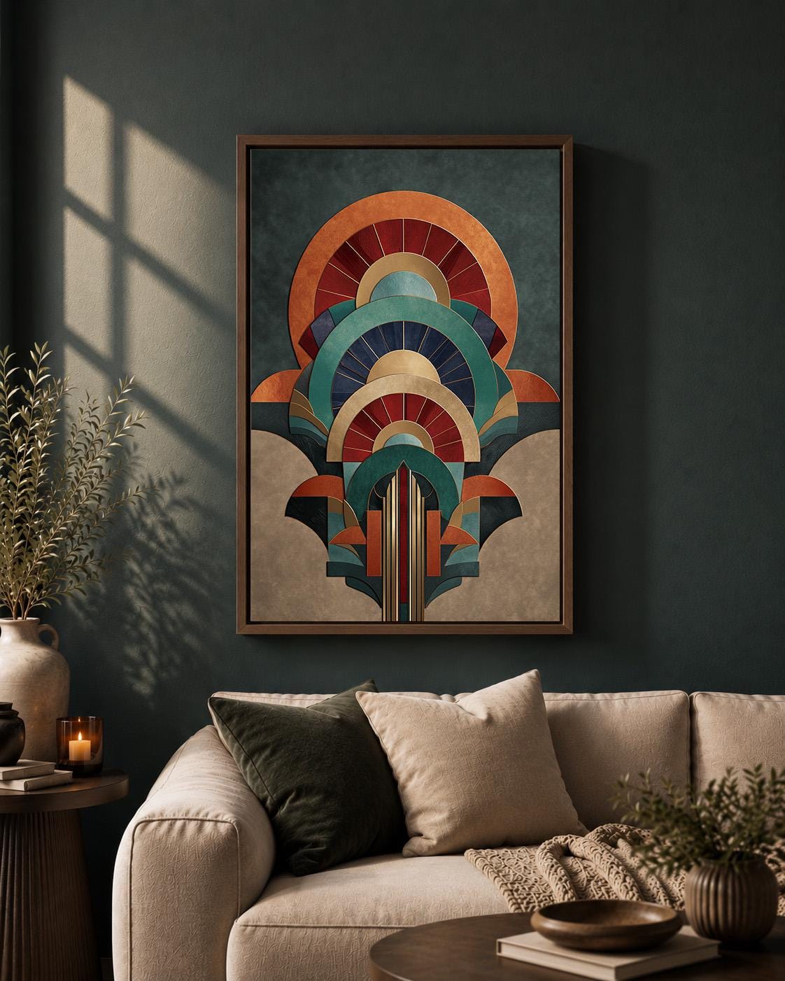 Art Deco Geometric Arch Framed Canvas Print, Teal Orange Retro Abstract Wall Art by The Wall Art Studio - physical