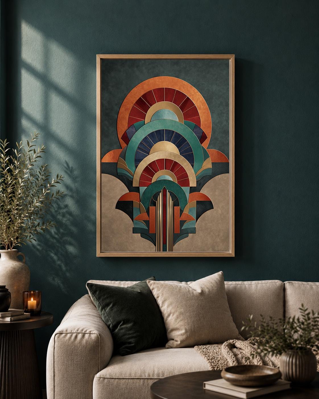 Art Deco Geometric Arch Framed Canvas Print, Teal Orange Retro Abstract Wall Art by The Wall Art Studio - physical