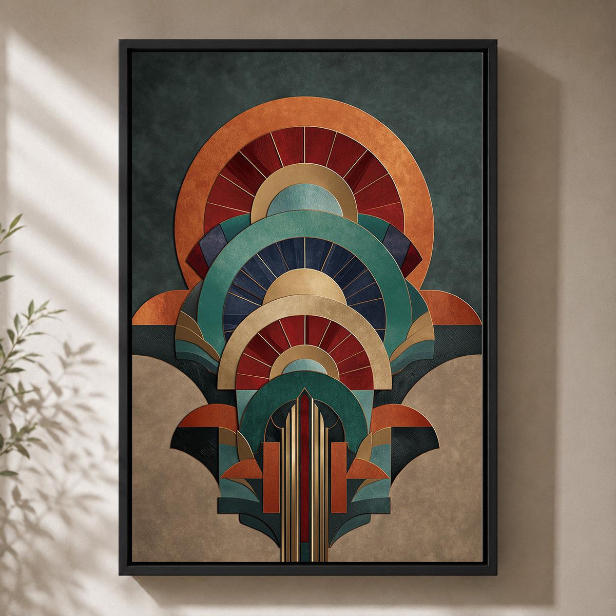 Art Deco Geometric Arch Framed Canvas Print, Teal Orange Retro Abstract Wall Art by The Wall Art Studio - physical