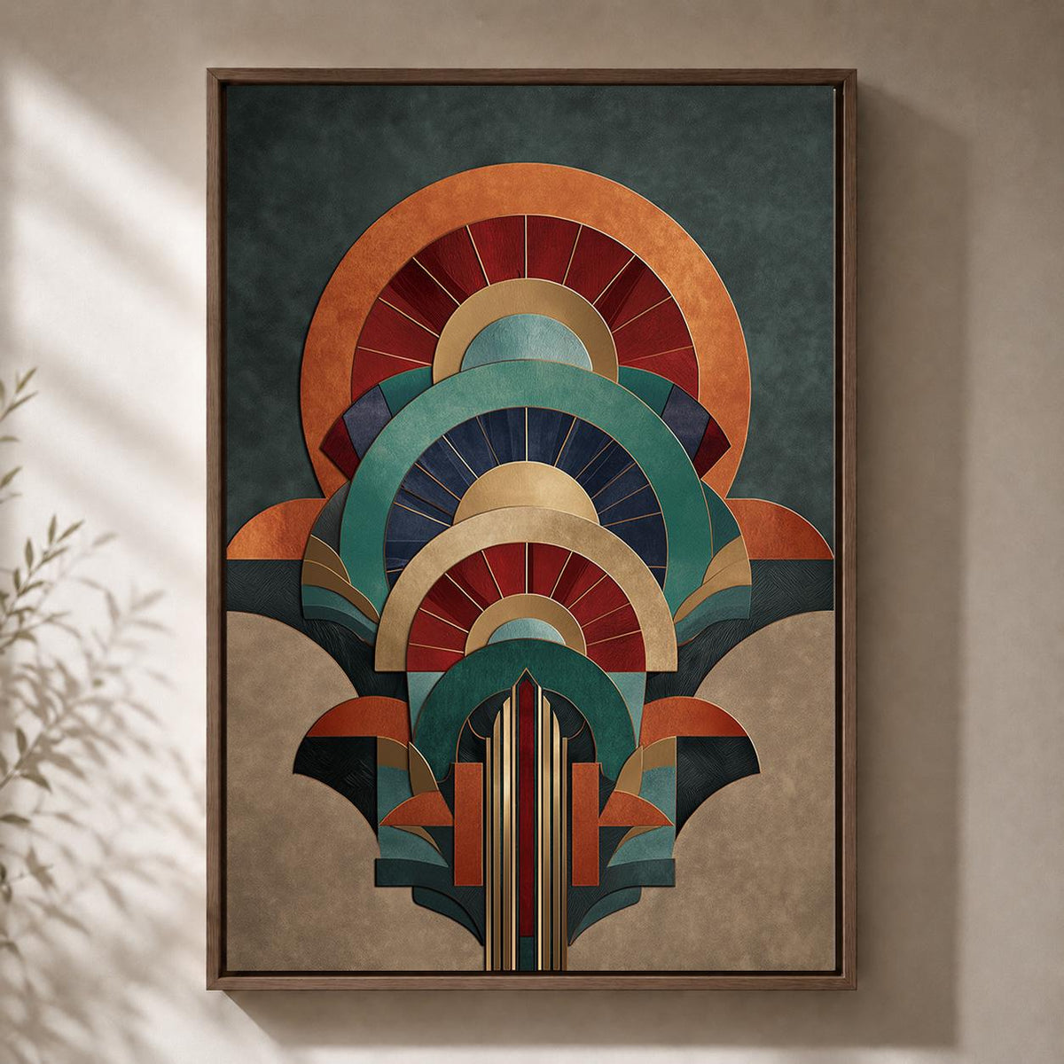 Art Deco Geometric Arch Framed Canvas Print, Teal Orange Retro Abstract Wall Art by The Wall Art Studio - physical