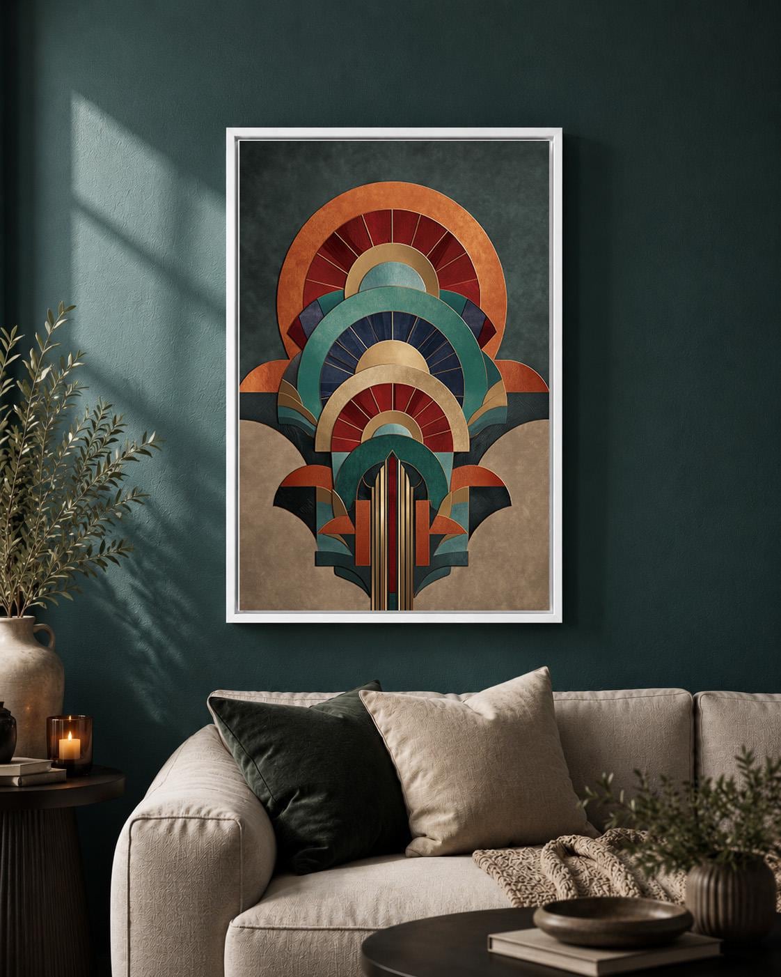 Art Deco Geometric Arch Framed Canvas Print, Teal Orange Retro Abstract Wall Art by The Wall Art Studio - physical