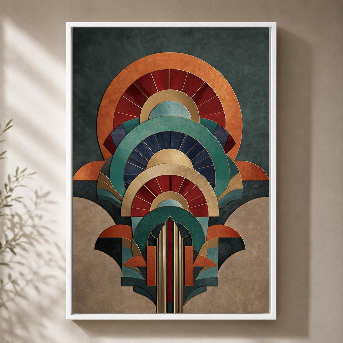 Art Deco Geometric Arch Framed Canvas Print, Teal Orange Retro Abstract Wall Art by The Wall Art Studio - physical