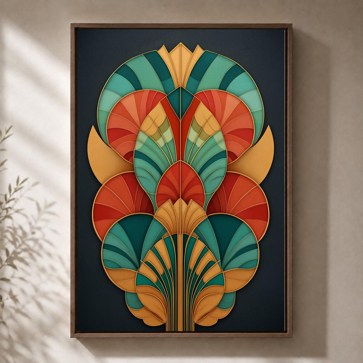 Art Deco Geometric Framed Canvas Art, Teal Orange Abstract Fan Print, Statement Decor by The Wall Art Studio - physical