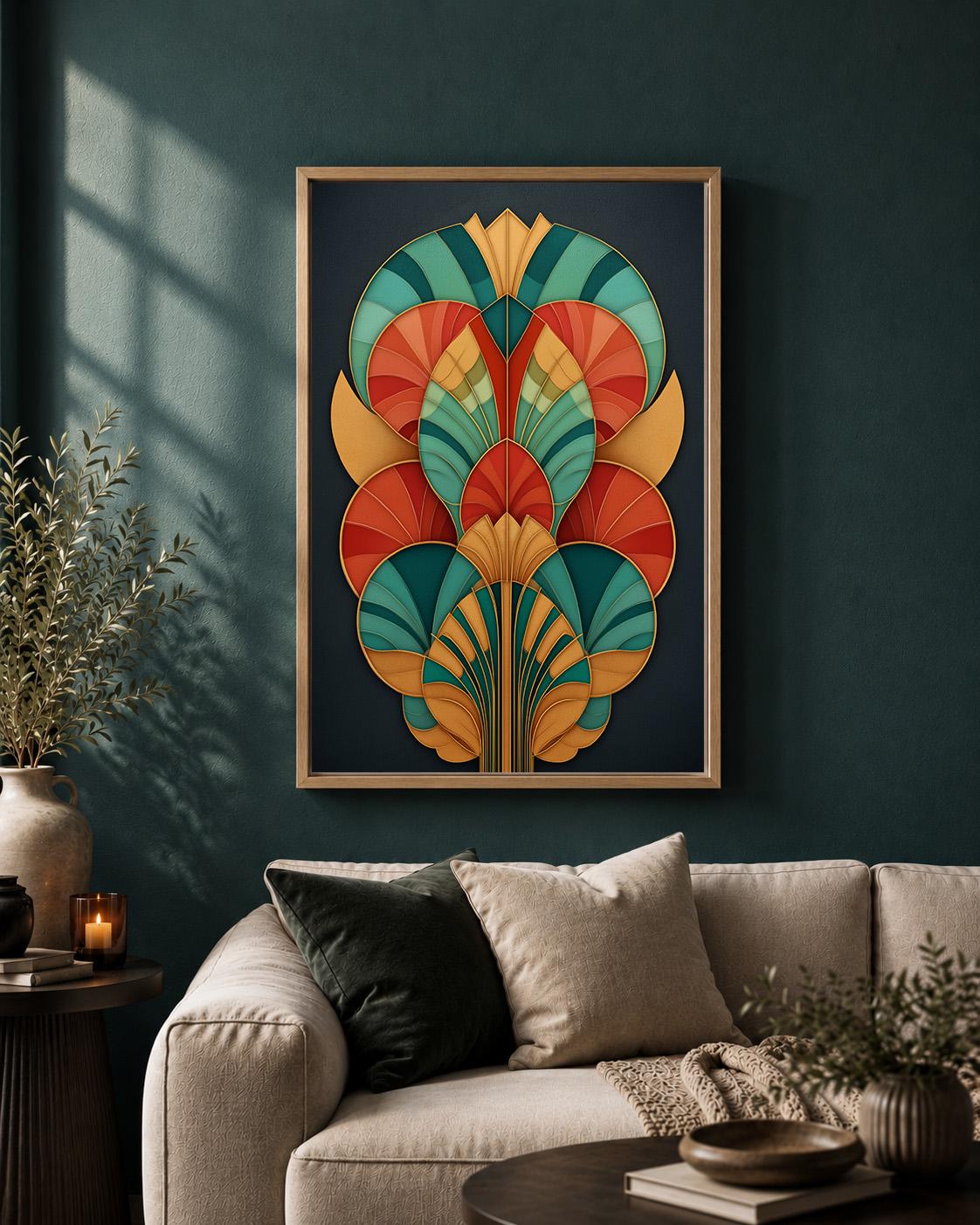 Art Deco Geometric Framed Canvas Art, Teal Orange Abstract Fan Print, Statement Decor by The Wall Art Studio - physical