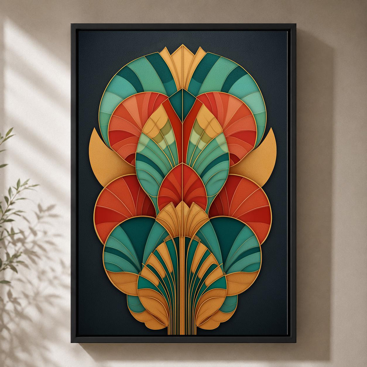 Art Deco Geometric Framed Canvas Art, Teal Orange Abstract Fan Print, Statement Decor by The Wall Art Studio - physical