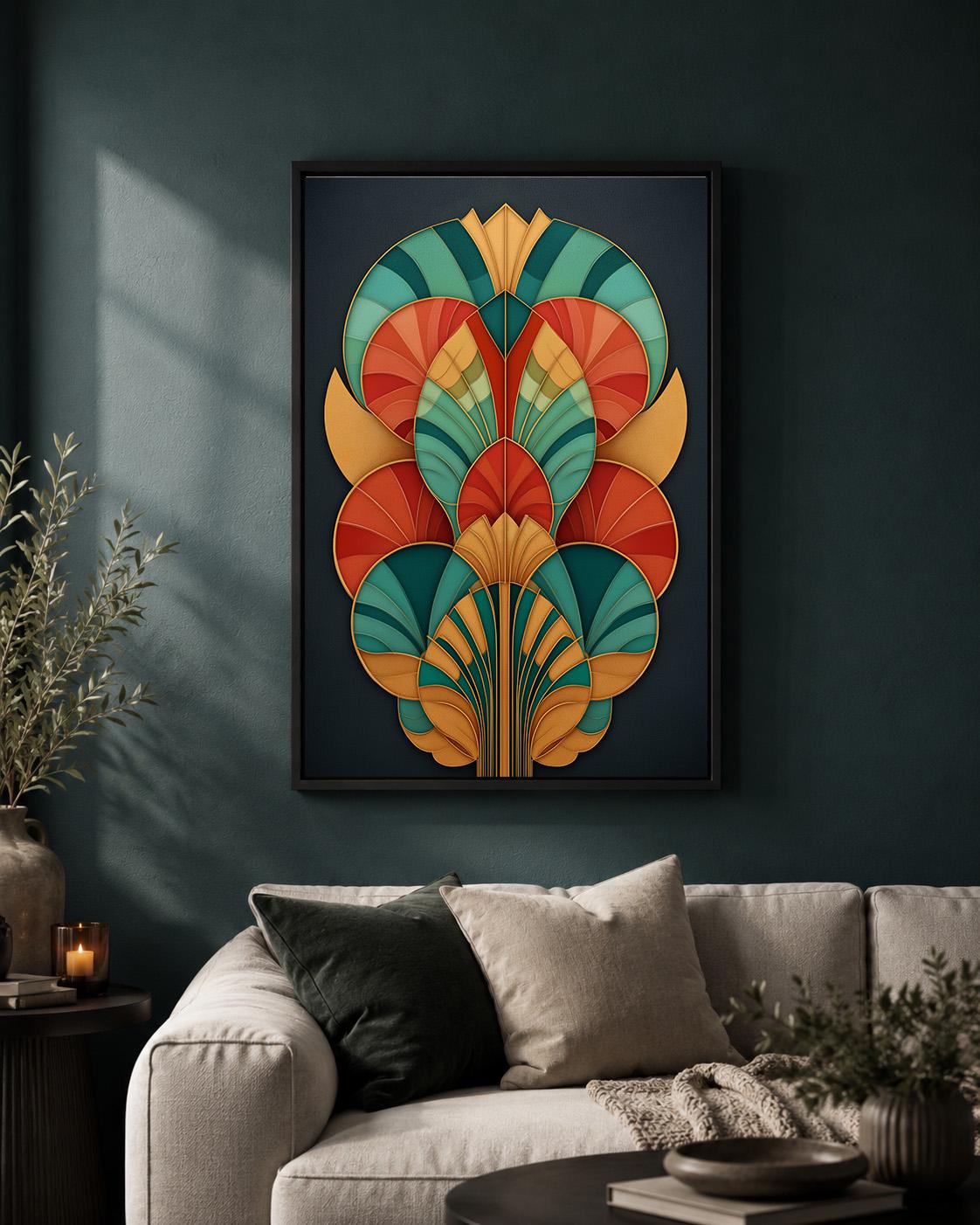 Art Deco Geometric Framed Canvas Art, Teal Orange Abstract Fan Print, Statement Decor by The Wall Art Studio - physical