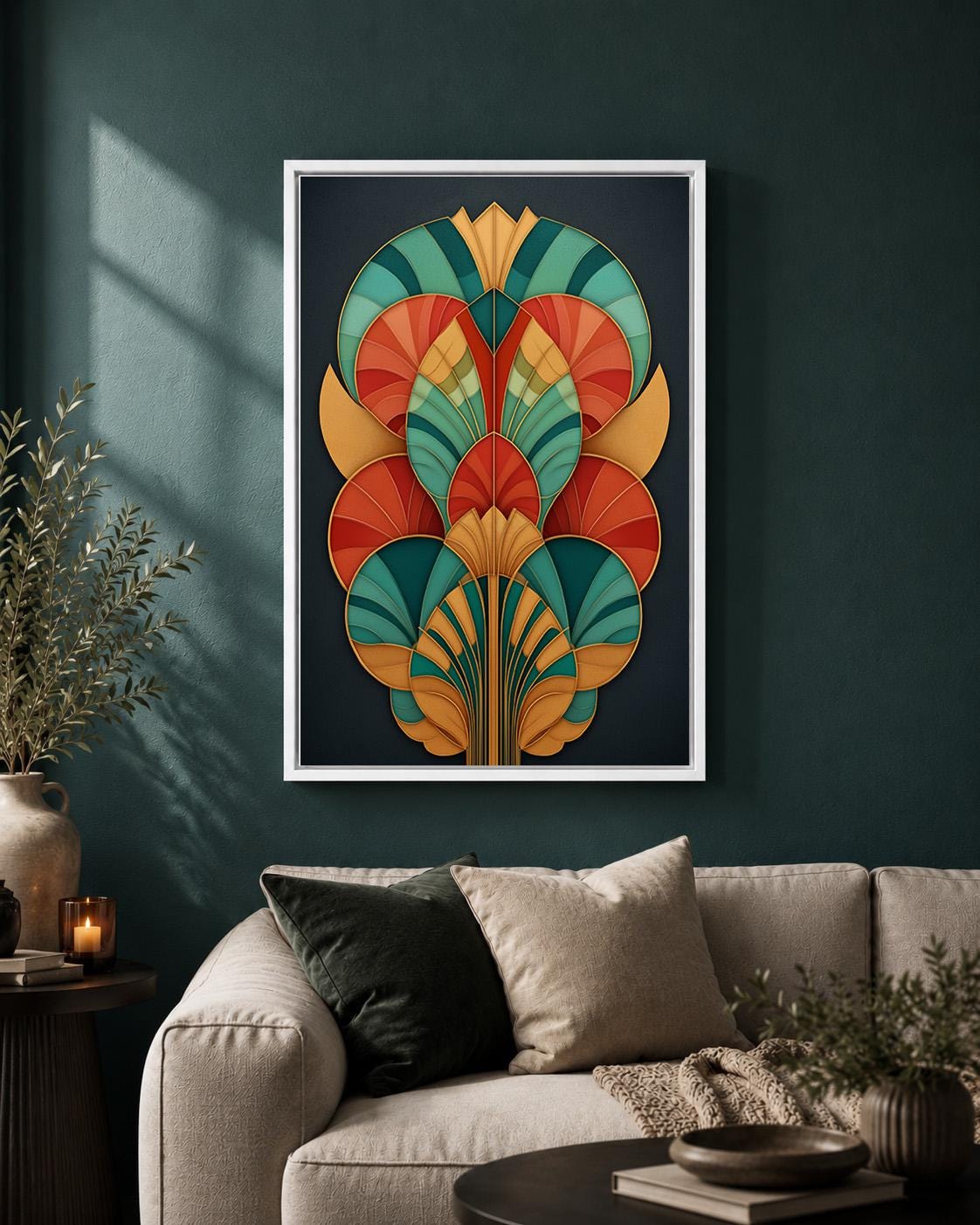 Art Deco Geometric Framed Canvas Art, Teal Orange Abstract Fan Print, Statement Decor by The Wall Art Studio - physical