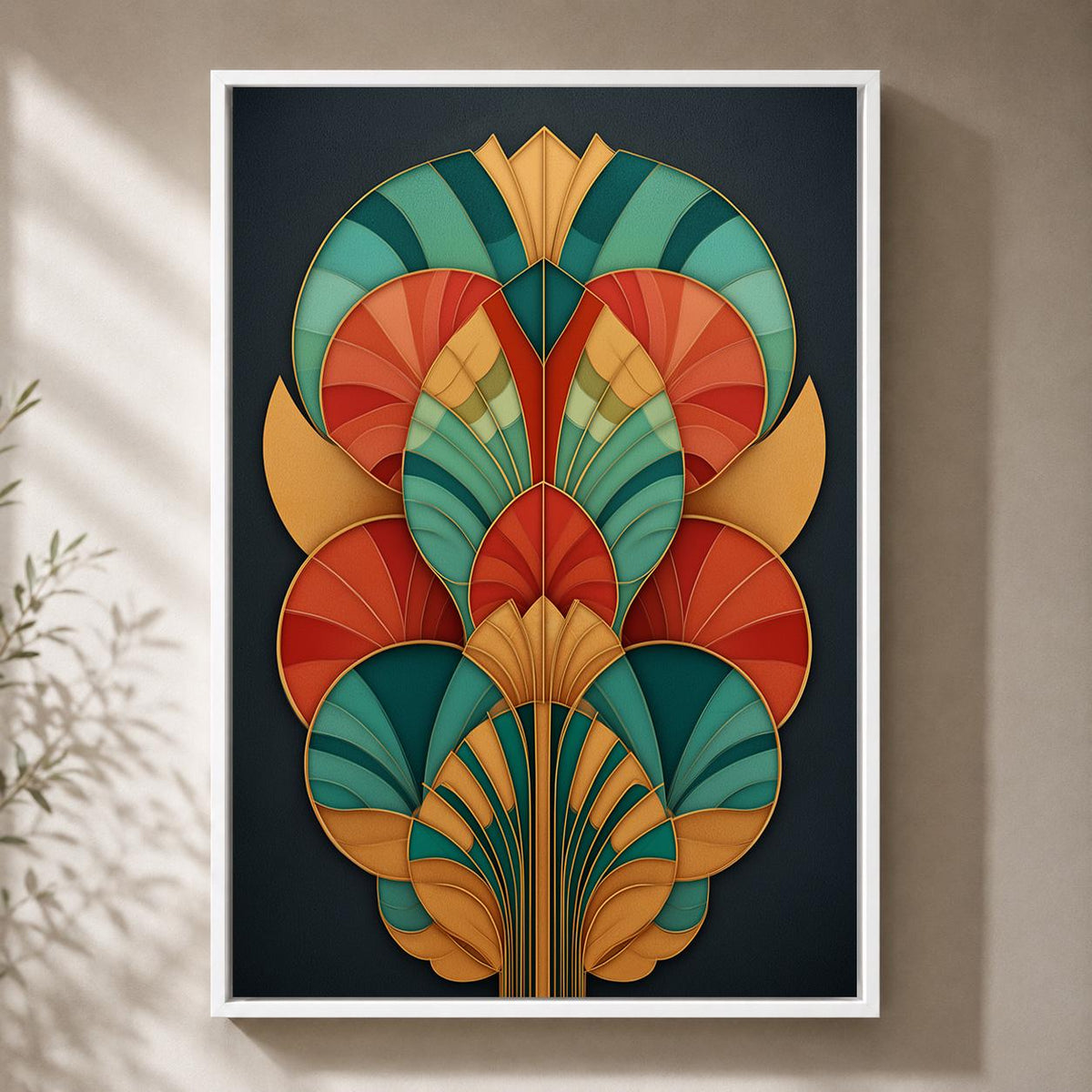 Art Deco Geometric Framed Canvas Art, Teal Orange Abstract Fan Print, Statement Decor by The Wall Art Studio - physical