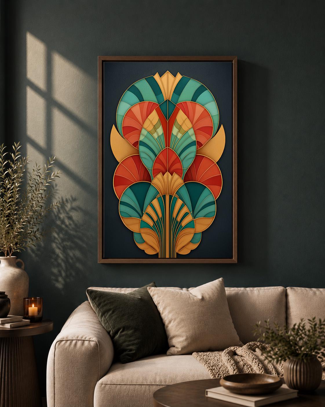 Art Deco Geometric Framed Canvas Art, Teal Orange Abstract Fan Print, Statement Decor by The Wall Art Studio - physical