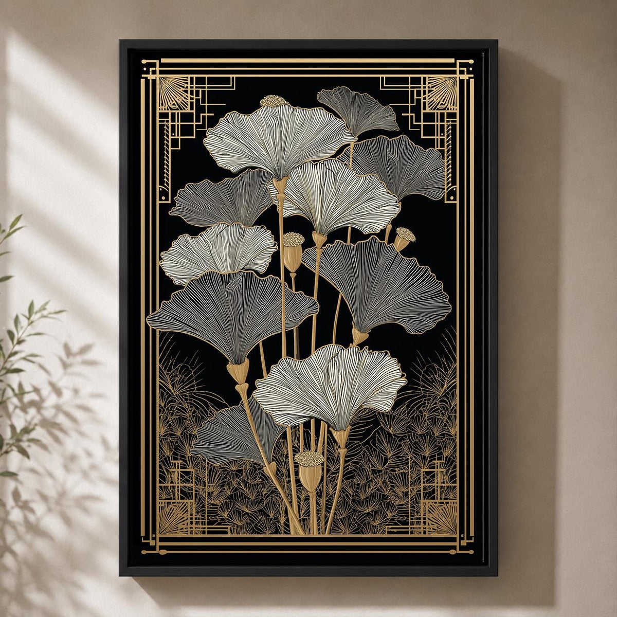Art Deco Ginkgo Leaf Framed Canvas Art, Black Gold Botanical Print, Modern Floral Home Decor by The Wall Art Studio - phys...