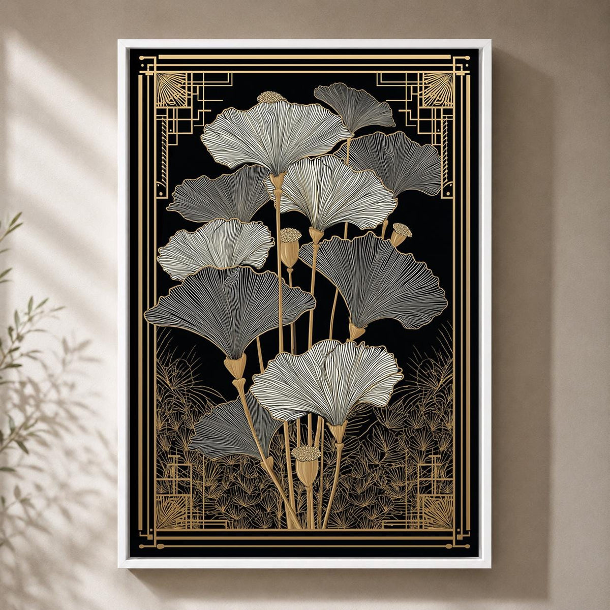 Art Deco Ginkgo Leaf Framed Canvas Art, Black Gold Botanical Print, Modern Floral Home Decor by The Wall Art Studio - phys...