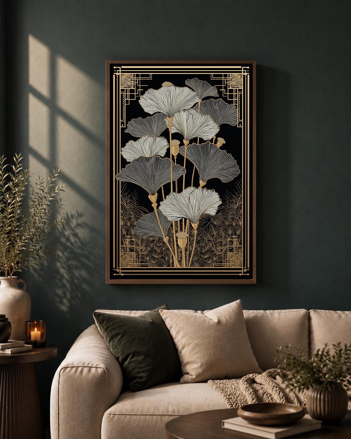 Art Deco Ginkgo Leaf Framed Canvas Art, Black Gold Botanical Print, Modern Floral Home Decor by The Wall Art Studio - phys...