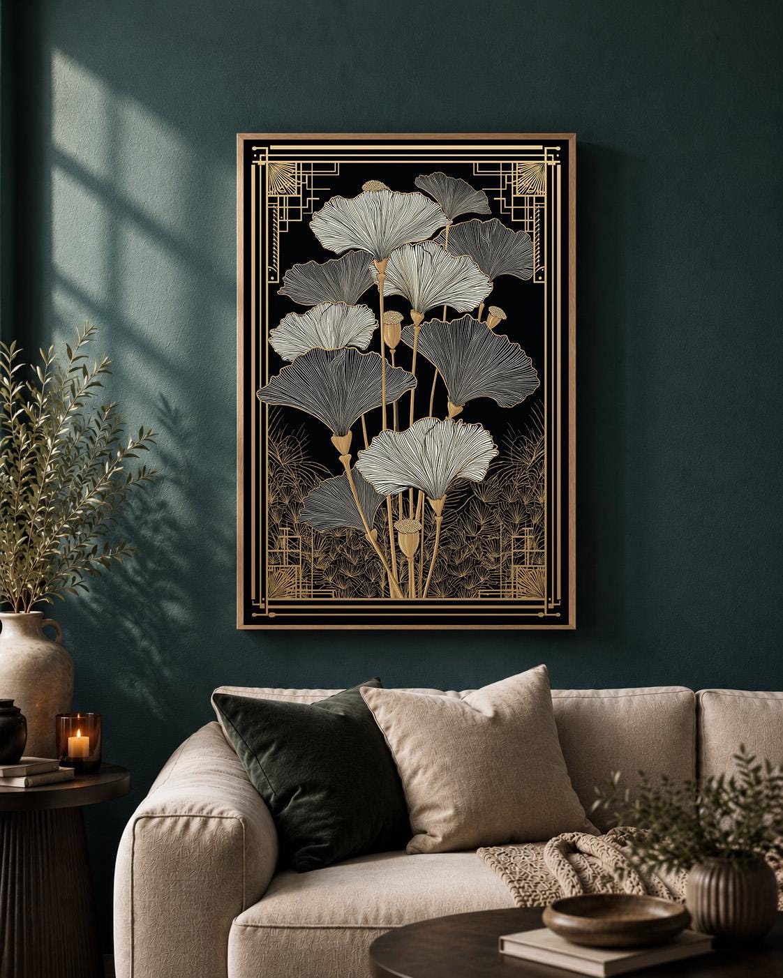 Art Deco Ginkgo Leaf Framed Canvas Art, Black Gold Botanical Print, Modern Floral Home Decor by The Wall Art Studio - phys...