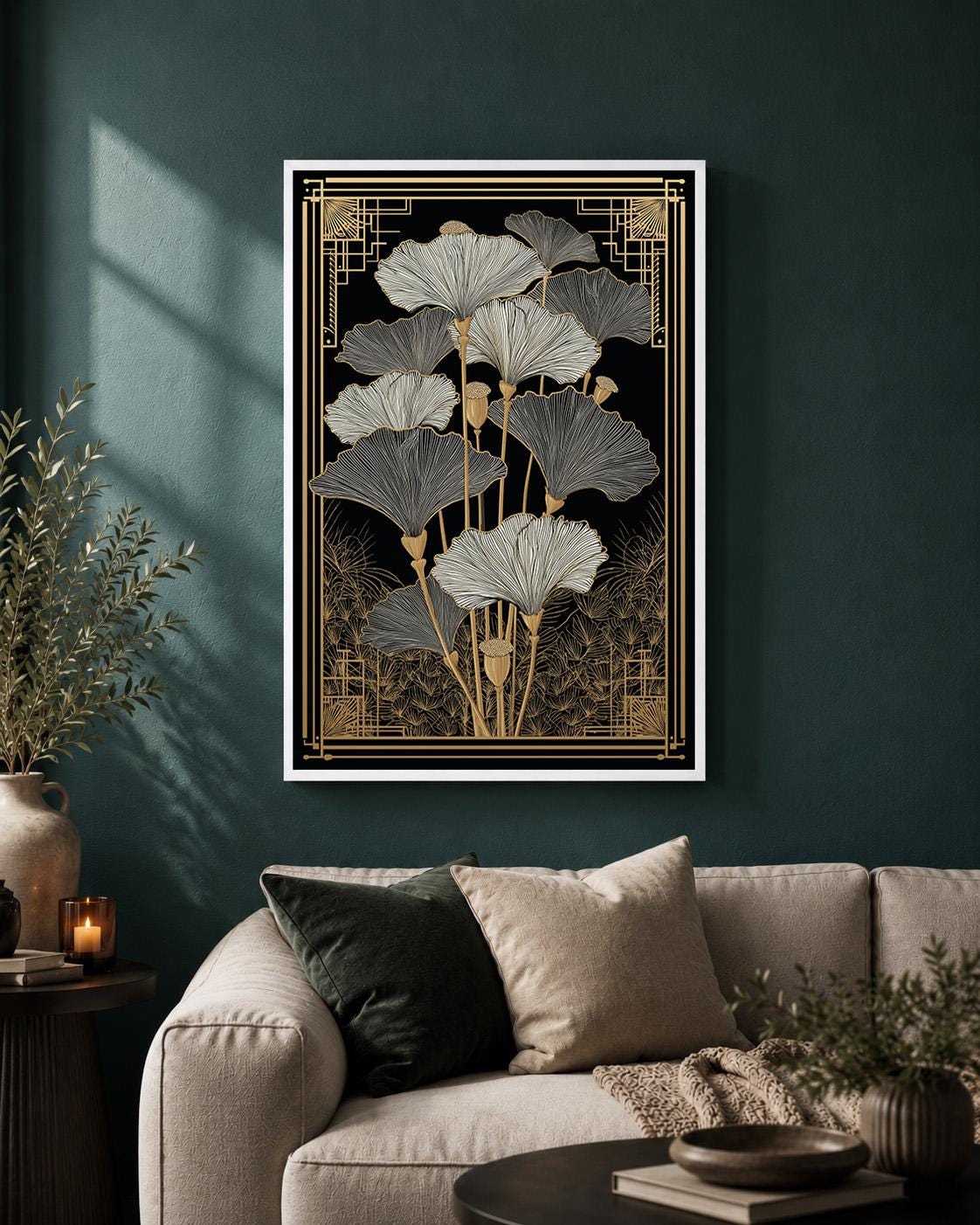 Art Deco Ginkgo Leaf Framed Canvas Art, Black Gold Botanical Print, Modern Floral Home Decor by The Wall Art Studio - phys...