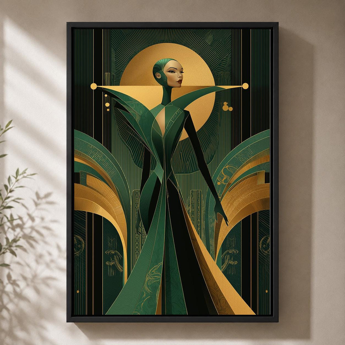 Art Deco Goddess Framed Canvas Art, Emerald Green Gold Fashion Illustration, Luxe Glam Decor by The Wall Art Studio - phys...