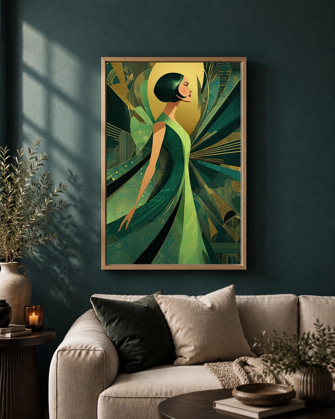 Art Deco Goddess Framed Canvas Art, Emerald Green Gold Fashion Illustration, Luxe Glam Decor by The Wall Art Studio - phys...