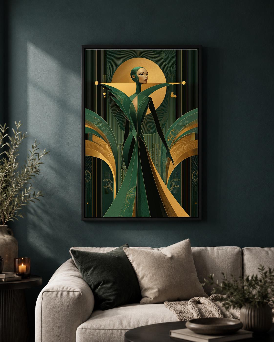 Art Deco Goddess Framed Canvas Art, Emerald Green Gold Fashion Illustration, Luxe Glam Decor by The Wall Art Studio - phys...