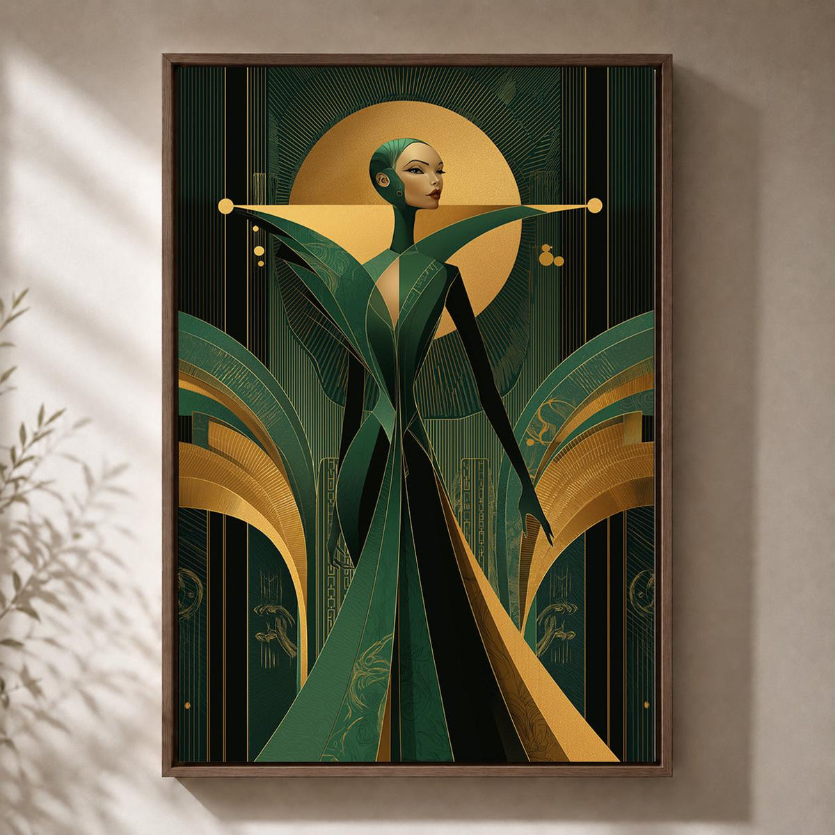 Art Deco Goddess Framed Canvas Art, Emerald Green Gold Fashion Illustration, Luxe Glam Decor by The Wall Art Studio - phys...