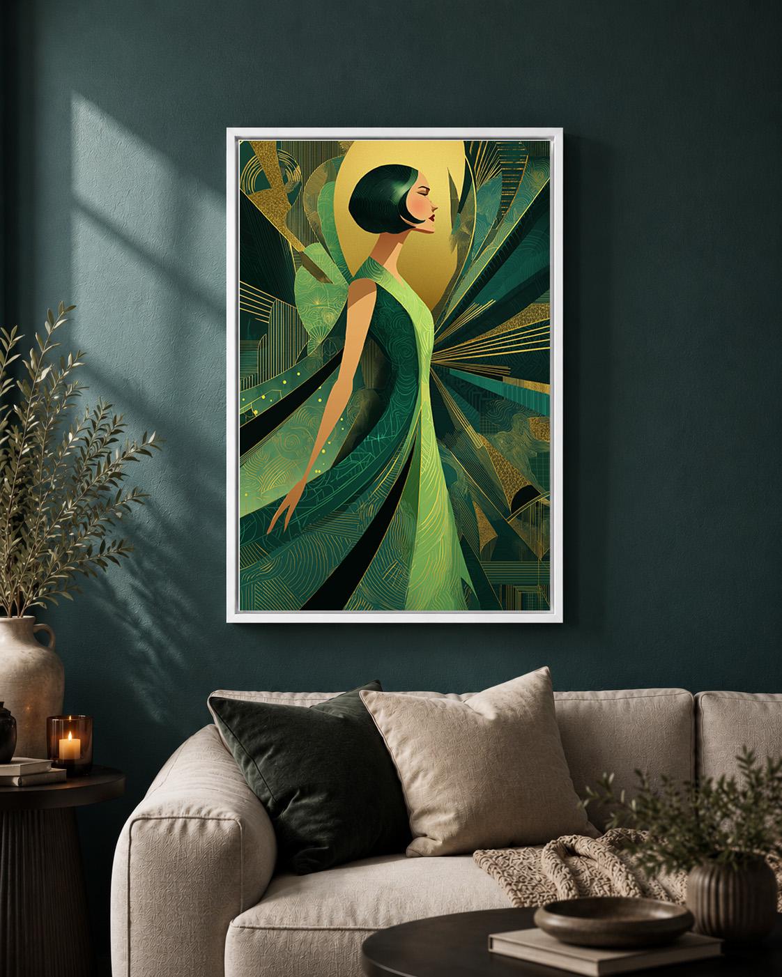 Art Deco Goddess Framed Canvas Art, Emerald Green Gold Fashion Illustration, Luxe Glam Decor by The Wall Art Studio - phys...
