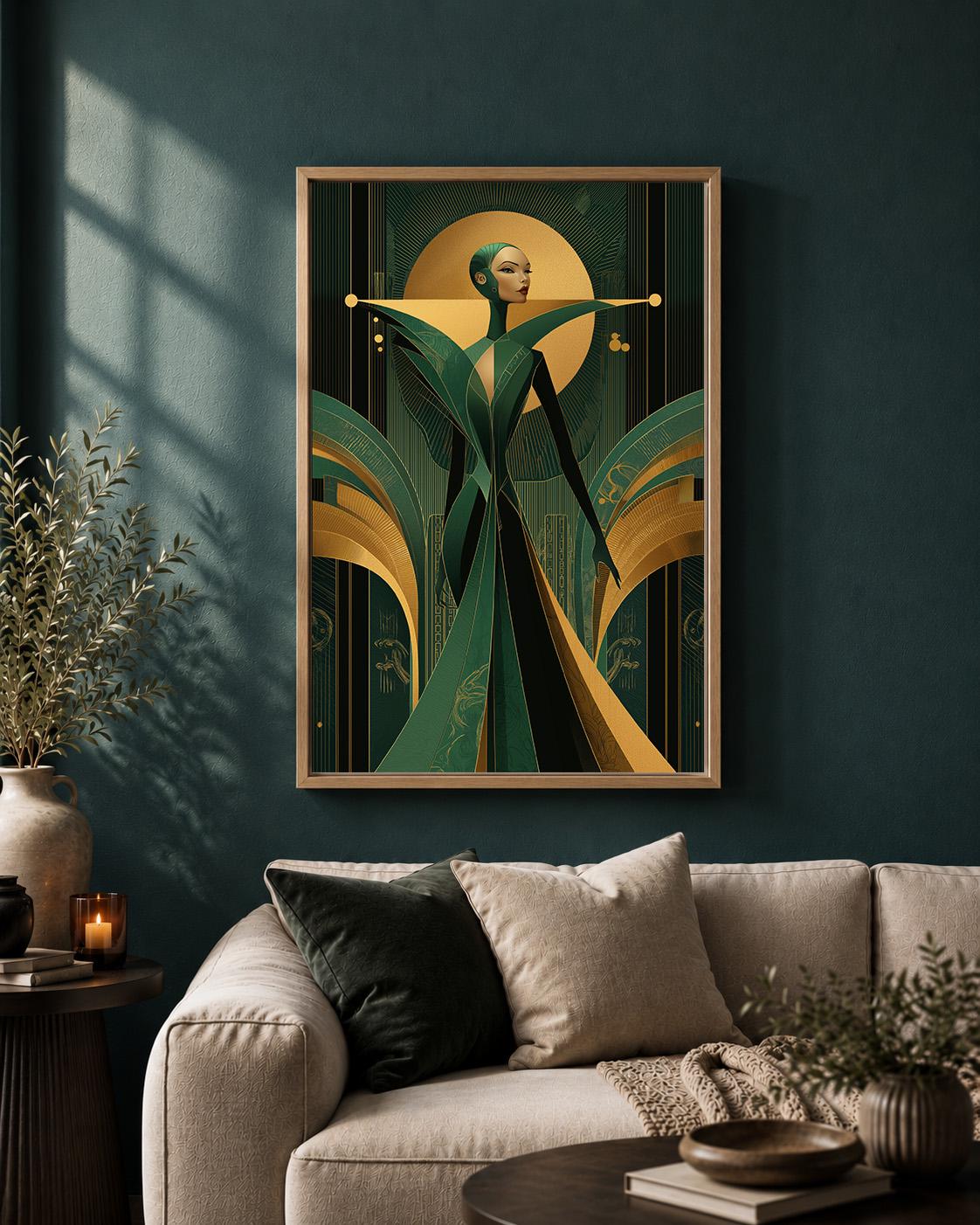 Art Deco Goddess Framed Canvas Art, Emerald Green Gold Fashion Illustration, Luxe Glam Decor by The Wall Art Studio - phys...