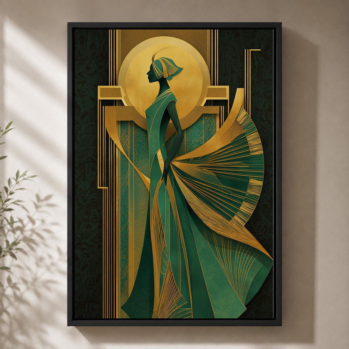 Art Deco Goddess Framed Canvas Art, Emerald Green Gold Fashion Illustration, Luxe Glam Decor by The Wall Art Studio - phys...