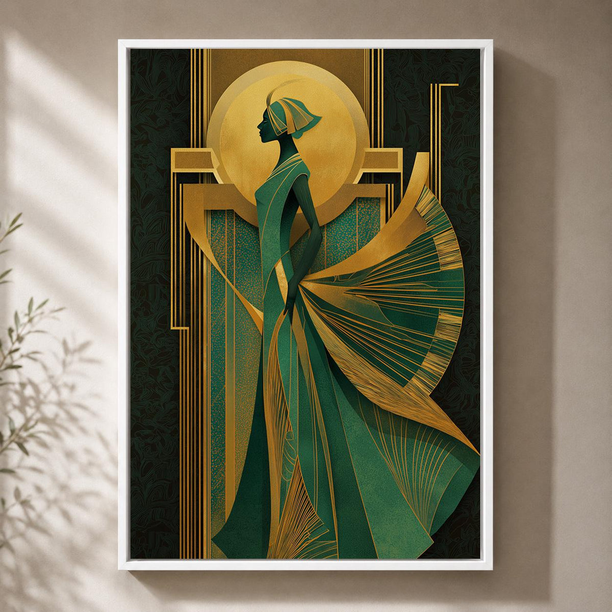 Art Deco Goddess Framed Canvas Art, Emerald Green Gold Fashion Illustration, Luxe Glam Decor by The Wall Art Studio - phys...