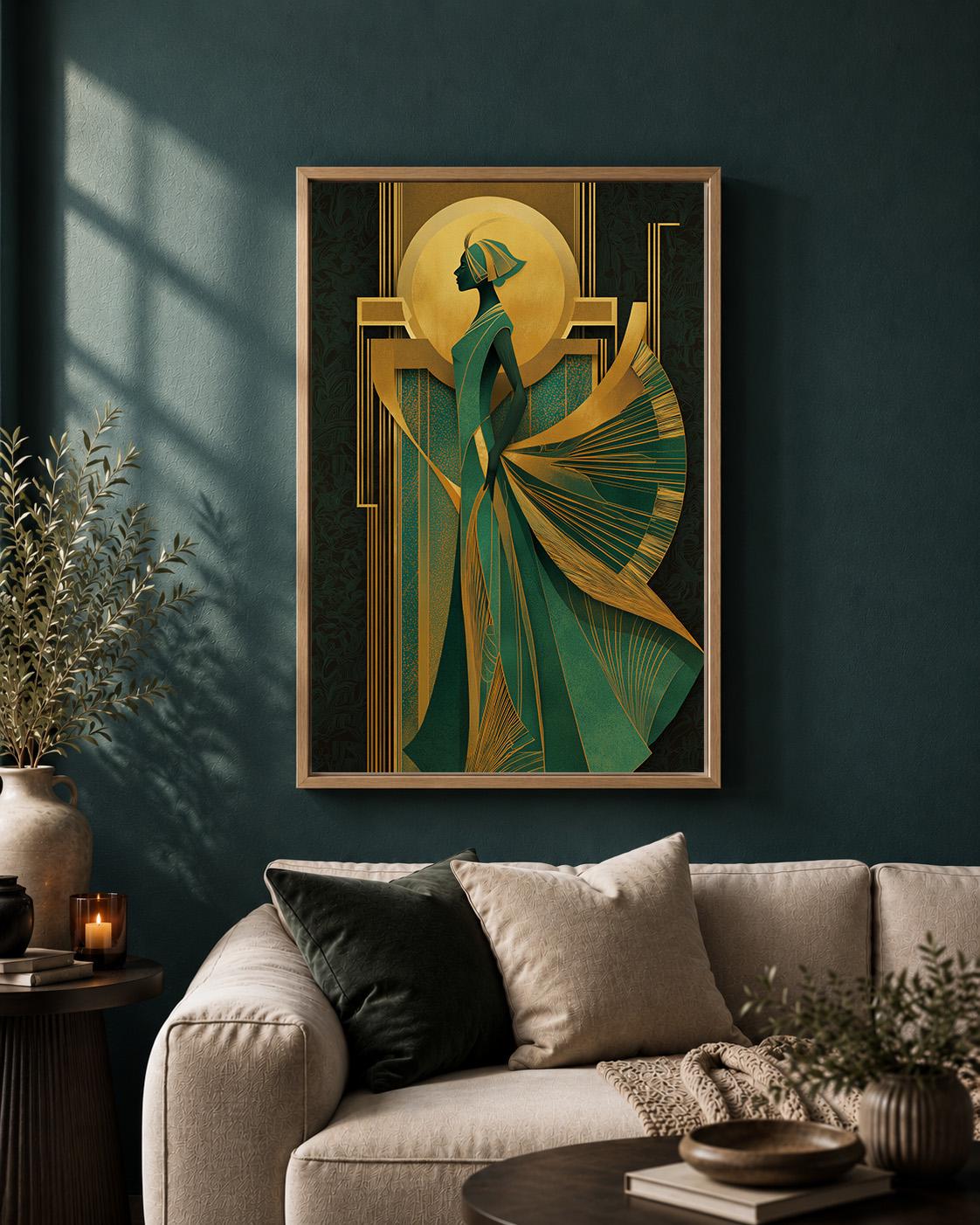 Art Deco Goddess Framed Canvas Art, Emerald Green Gold Fashion Illustration, Luxe Glam Decor by The Wall Art Studio - phys...