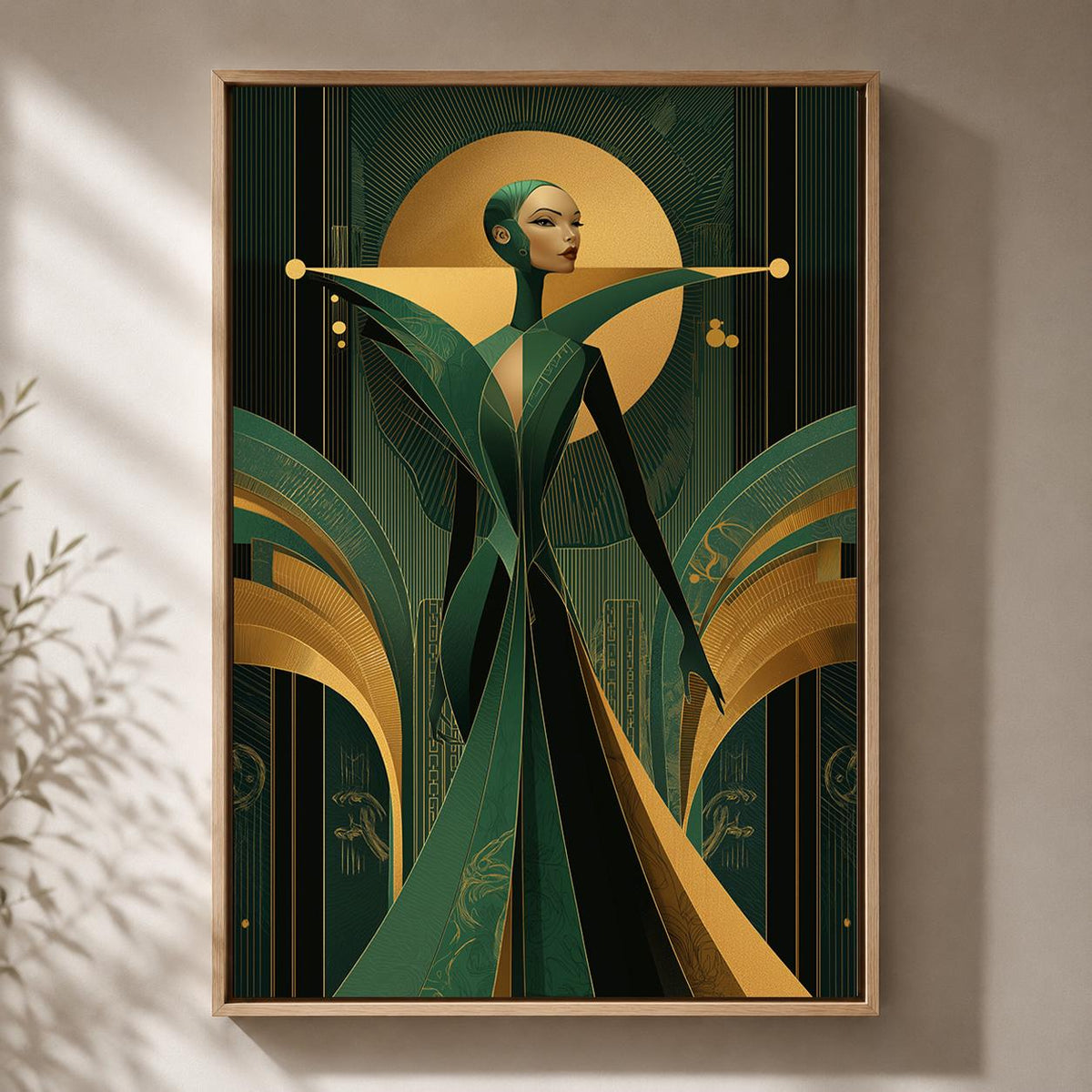 Art Deco Goddess Framed Canvas Art, Emerald Green Gold Fashion Illustration, Luxe Glam Decor by The Wall Art Studio - phys...