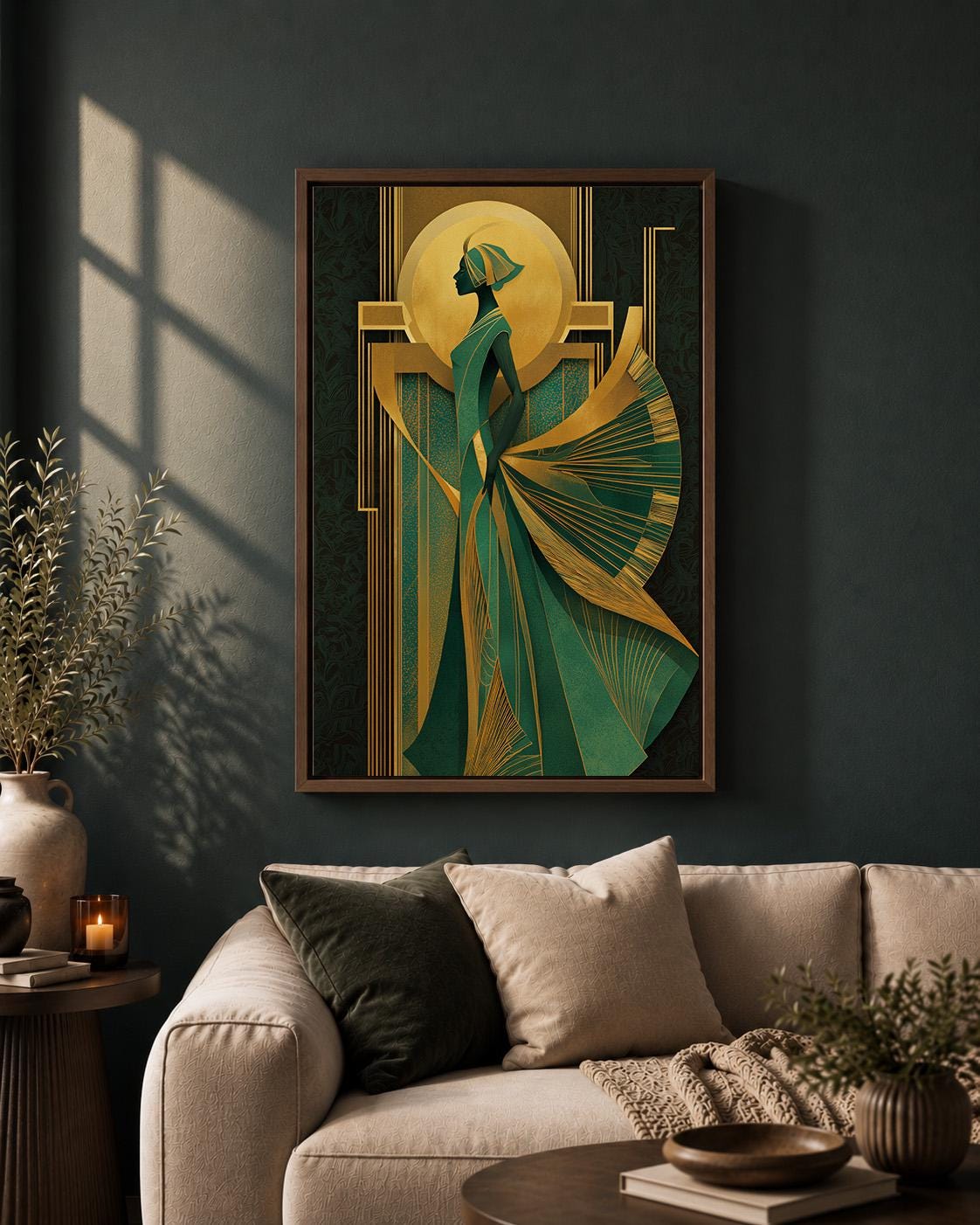 Art Deco Goddess Framed Canvas Art, Emerald Green Gold Fashion Illustration, Luxe Glam Decor by The Wall Art Studio - phys...