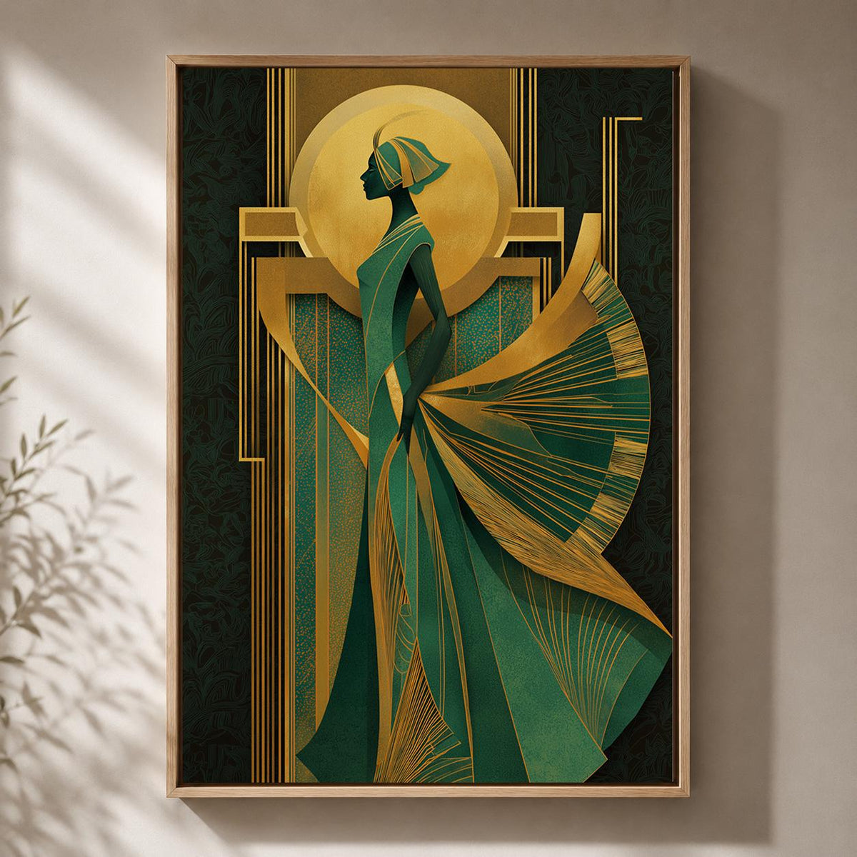 Art Deco Goddess Framed Canvas Art, Emerald Green Gold Fashion Illustration, Luxe Glam Decor by The Wall Art Studio - phys...