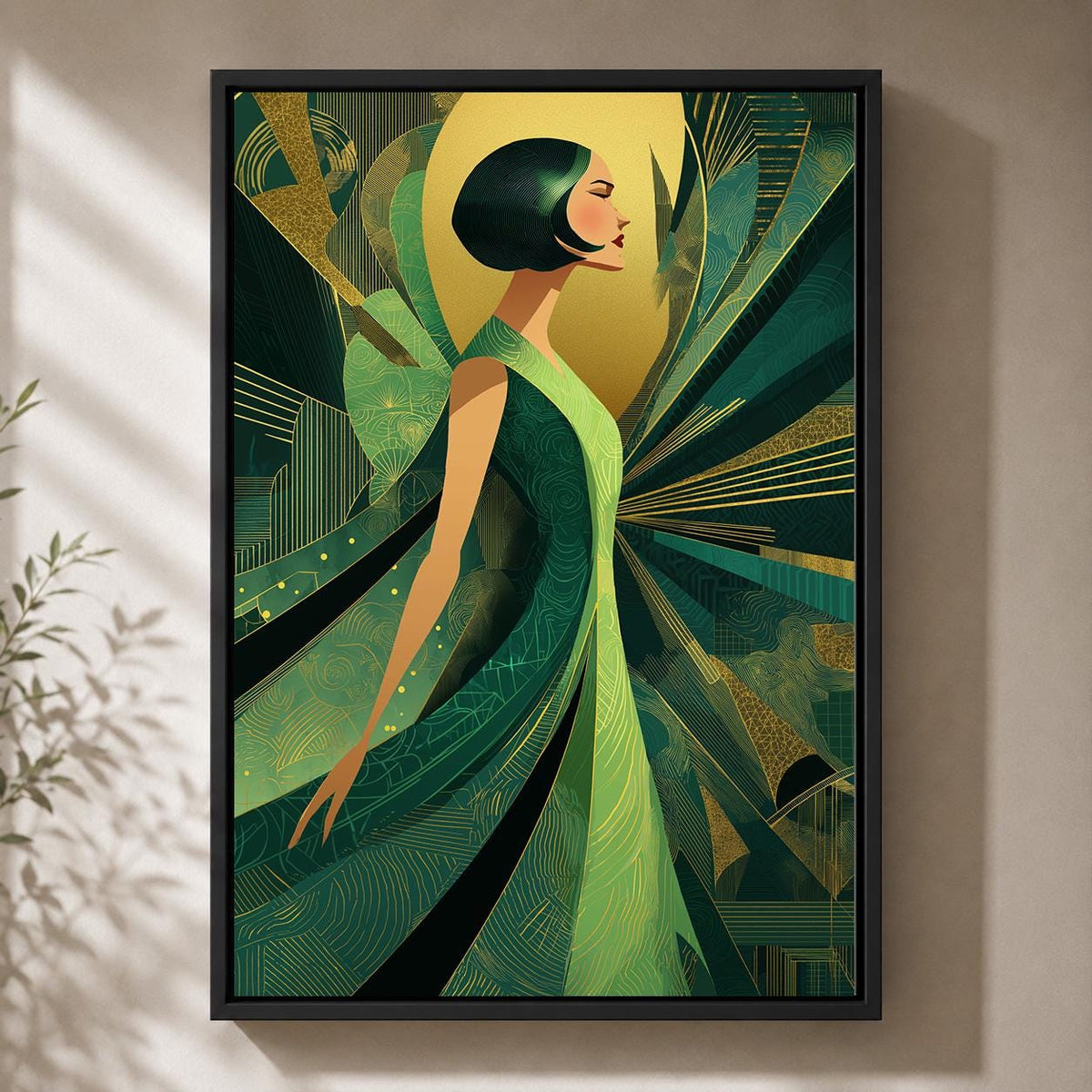 Art Deco Goddess Framed Canvas Art, Emerald Green Gold Fashion Illustration, Luxe Glam Decor by The Wall Art Studio - phys...