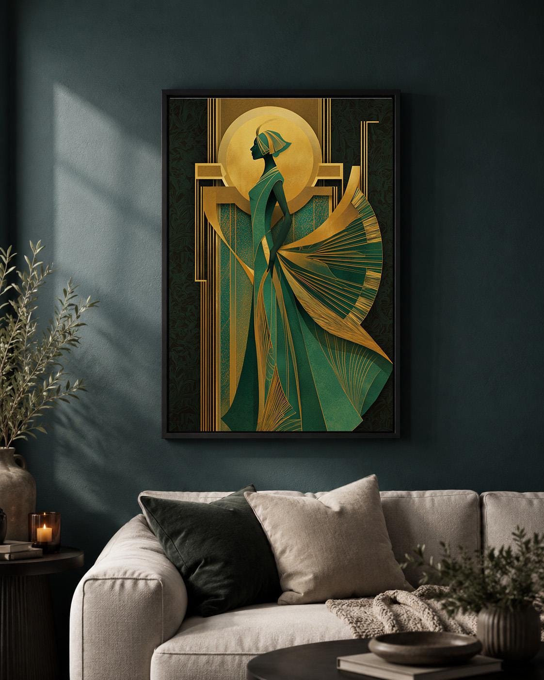 Art Deco Goddess Framed Canvas Art, Emerald Green Gold Fashion Illustration, Luxe Glam Decor by The Wall Art Studio - phys...