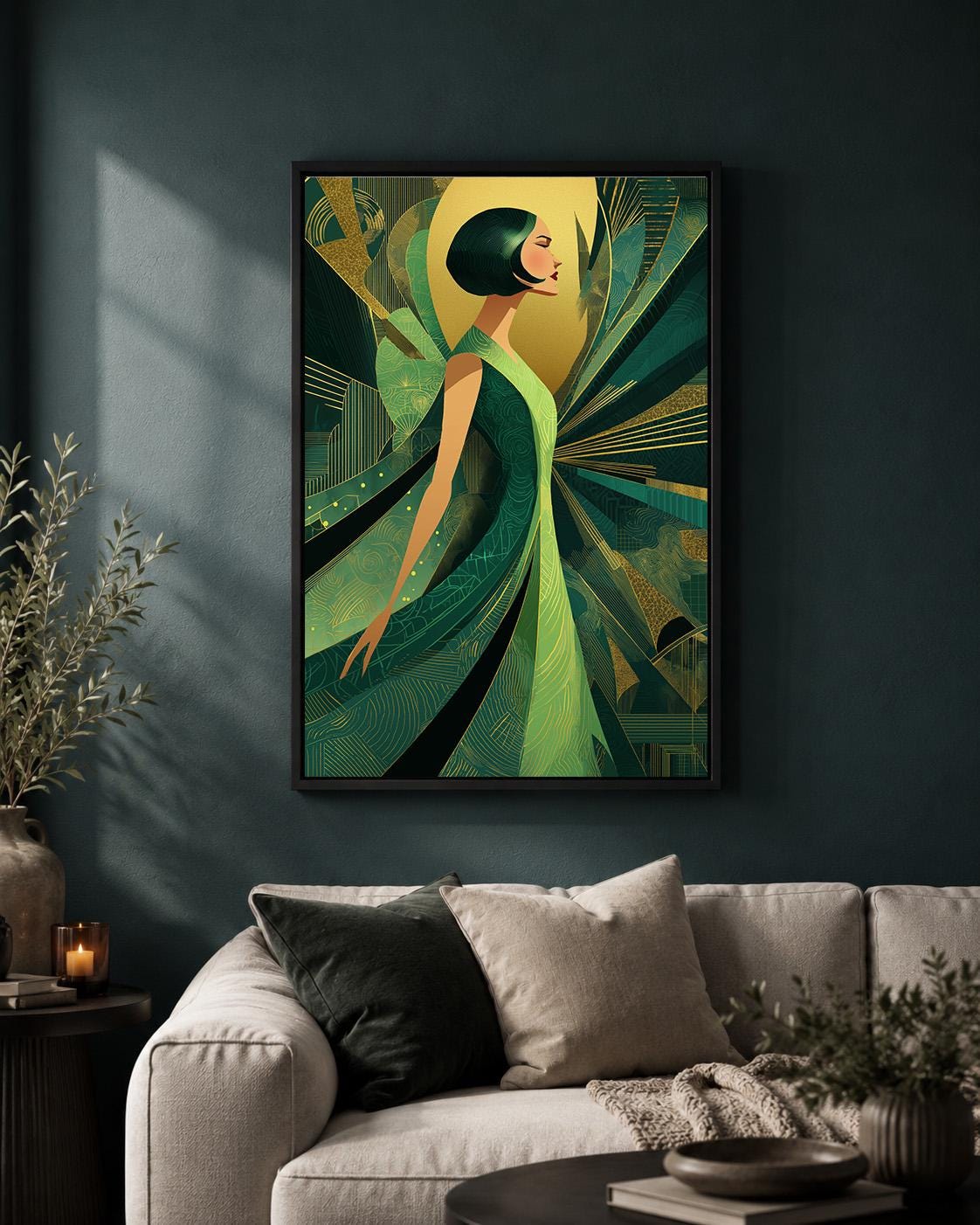 Art Deco Goddess Framed Canvas Art, Emerald Green Gold Fashion Illustration, Luxe Glam Decor by The Wall Art Studio - phys...