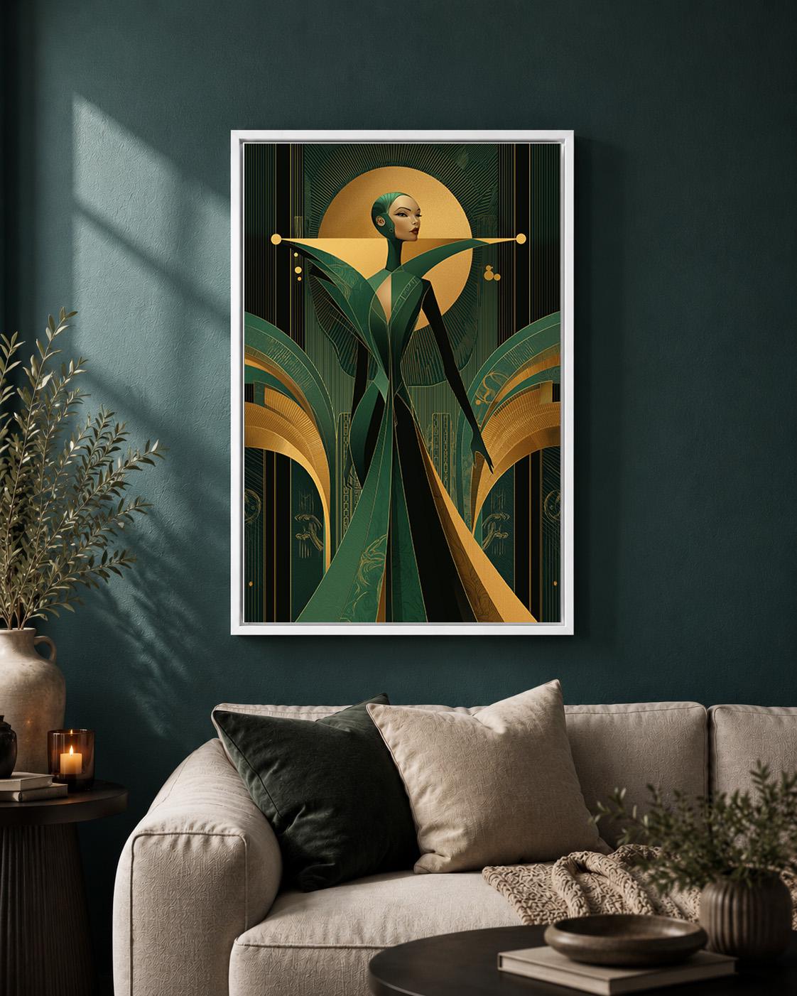 Art Deco Goddess Framed Canvas Art, Emerald Green Gold Fashion Illustration, Luxe Glam Decor by The Wall Art Studio - phys...