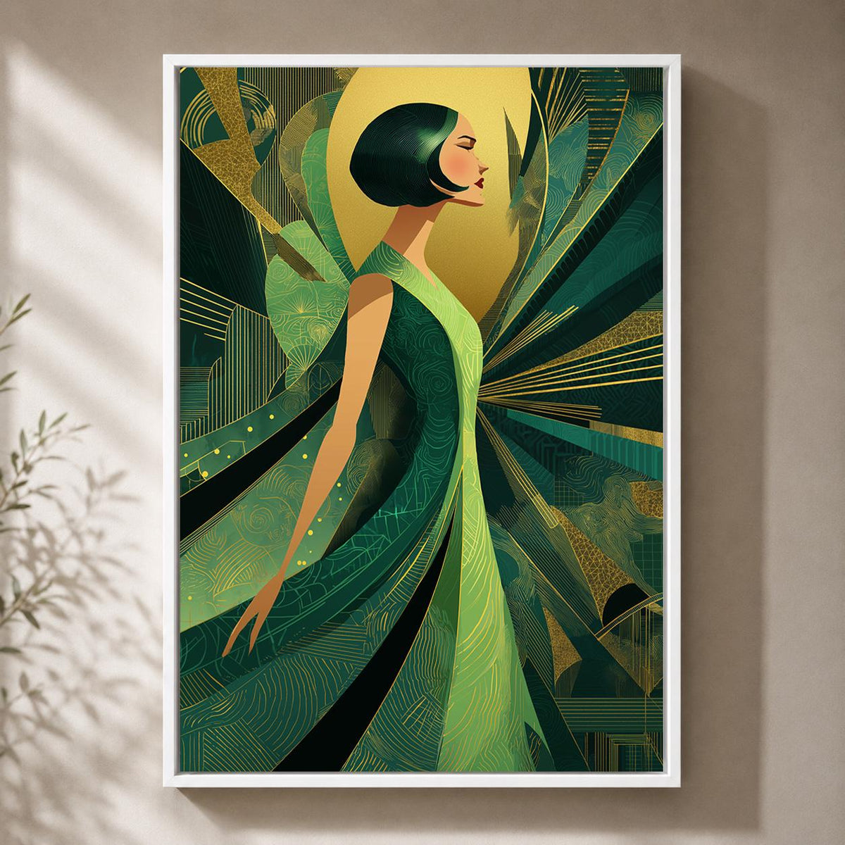 Art Deco Goddess Framed Canvas Art, Emerald Green Gold Fashion Illustration, Luxe Glam Decor by The Wall Art Studio - phys...