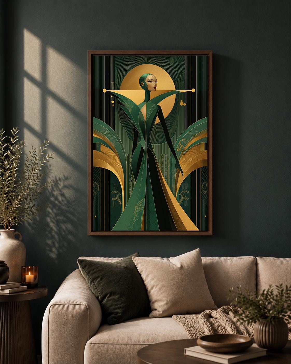Art Deco Goddess Framed Canvas Art, Emerald Green Gold Fashion Illustration, Luxe Glam Decor by The Wall Art Studio - phys...