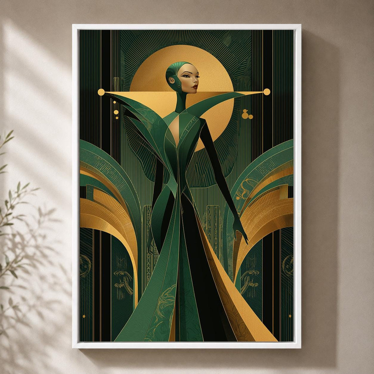 Art Deco Goddess Framed Canvas Art, Emerald Green Gold Fashion Illustration, Luxe Glam Decor by The Wall Art Studio - phys...