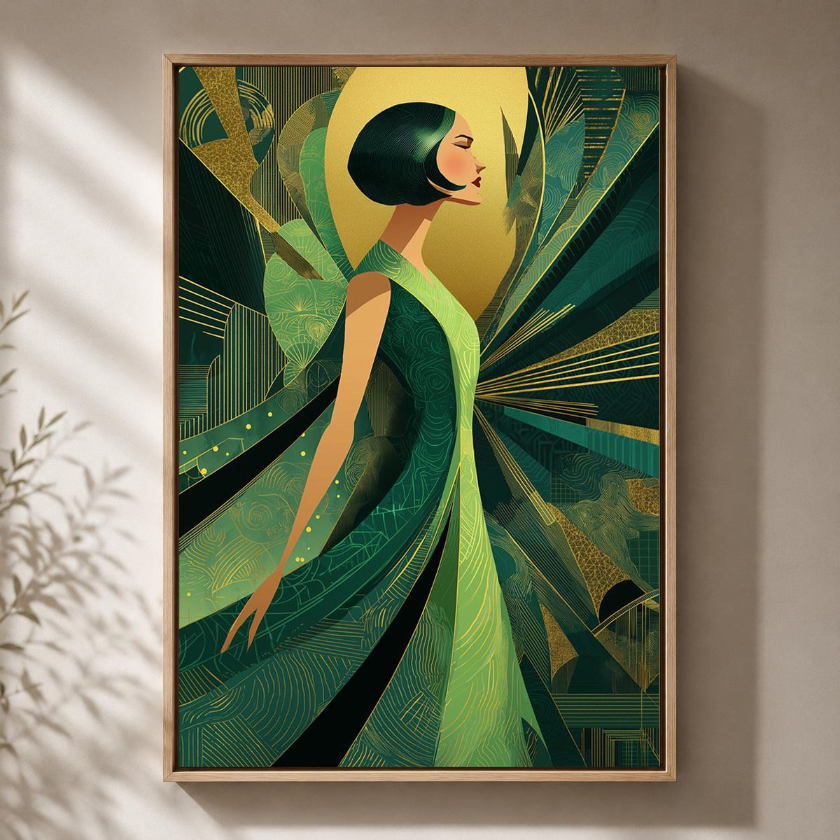 Art Deco Goddess Framed Canvas Art, Emerald Green Gold Fashion Illustration, Luxe Glam Decor by The Wall Art Studio - phys...