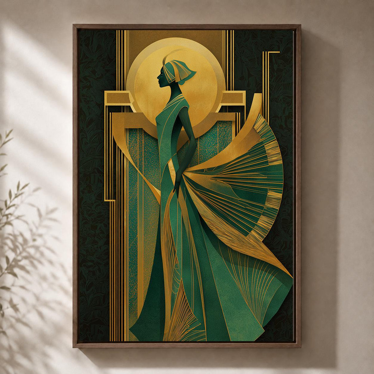 Art Deco Goddess Framed Canvas Art, Emerald Green Gold Fashion Illustration, Luxe Glam Decor by The Wall Art Studio - phys...