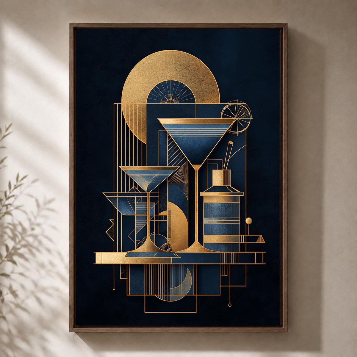 Art Deco Martini Cocktail Framed Canvas Print, Geometric Bar Wall Art, Gatsby Lounge Decor by The Wall Art Studio - physical