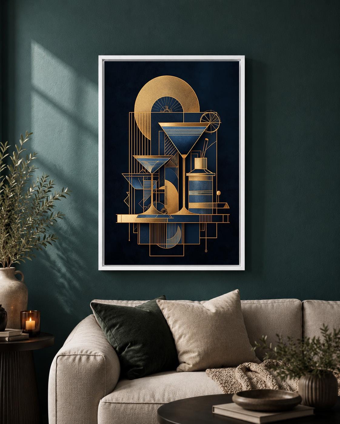 Art Deco Martini Cocktail Framed Canvas Print, Geometric Bar Wall Art, Gatsby Lounge Decor by The Wall Art Studio - physical