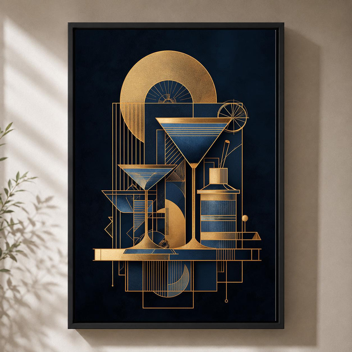 Art Deco Martini Cocktail Framed Canvas Print, Geometric Bar Wall Art, Gatsby Lounge Decor by The Wall Art Studio - physical