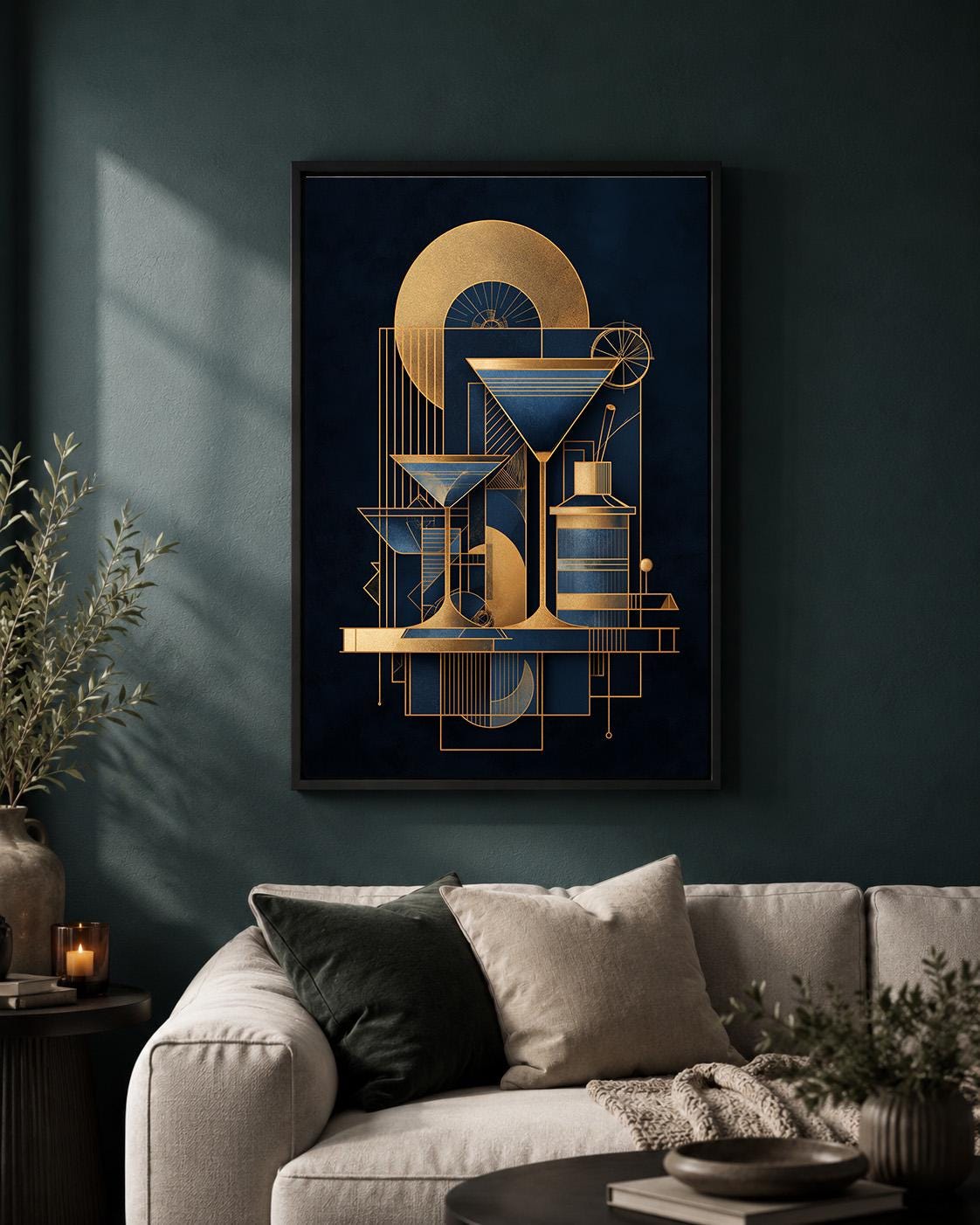 Art Deco Martini Cocktail Framed Canvas Print, Geometric Bar Wall Art, Gatsby Lounge Decor by The Wall Art Studio - physical