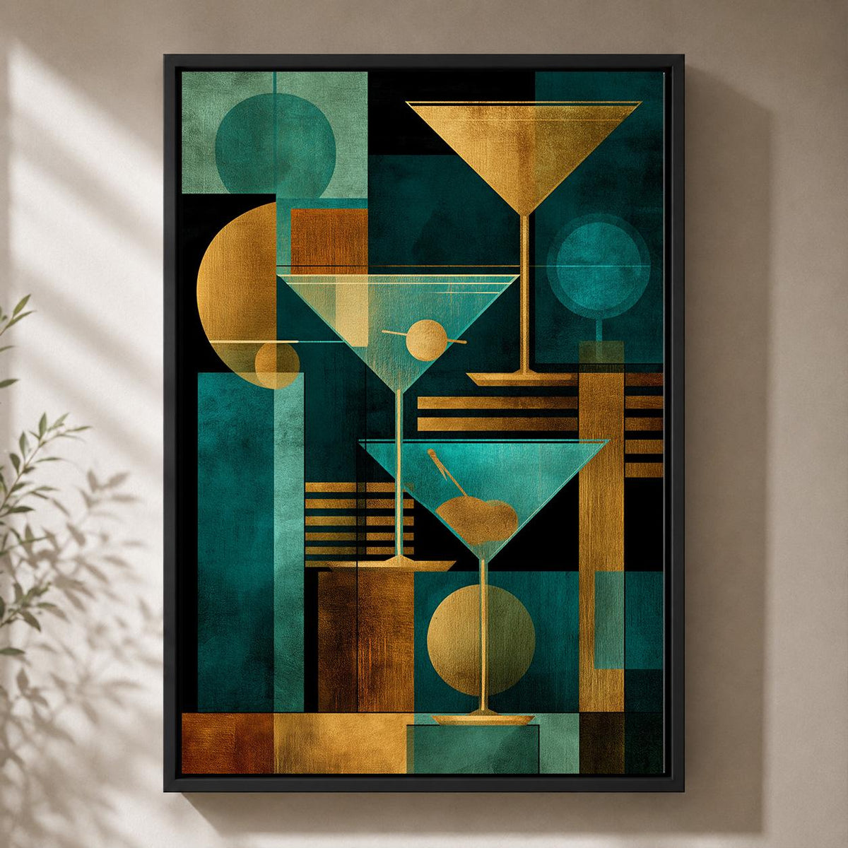 Art Deco Martini Framed Canvas Print, Teal Gold Geometric Bar Art, Framed Glam Artwork by The Wall Art Studio - physical