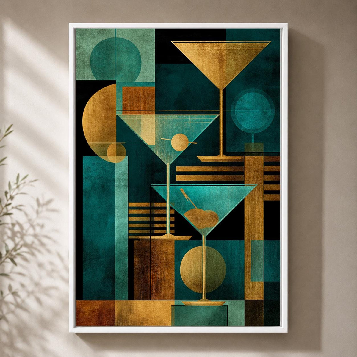 Art Deco Martini Framed Canvas Print, Teal Gold Geometric Bar Art, Framed Glam Artwork by The Wall Art Studio - physical