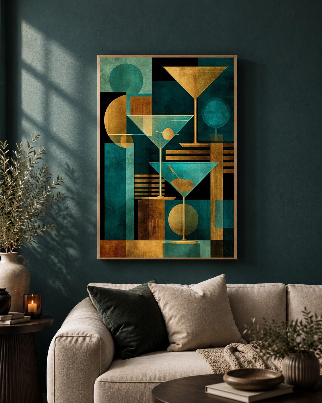 Art Deco Martini Framed Canvas Print, Teal Gold Geometric Bar Art, Framed Glam Artwork by The Wall Art Studio - physical